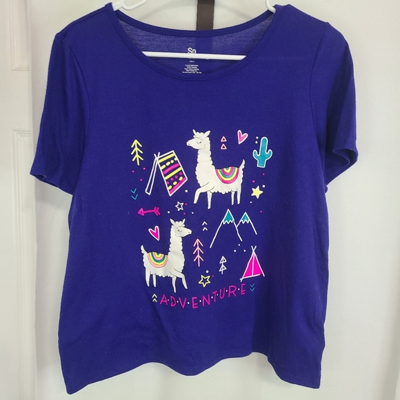 (1428) So Girls Short Sleeve Lama Motif T-Shirt, Size: 18 1/2 Color: Blue - Picture 3 of 15